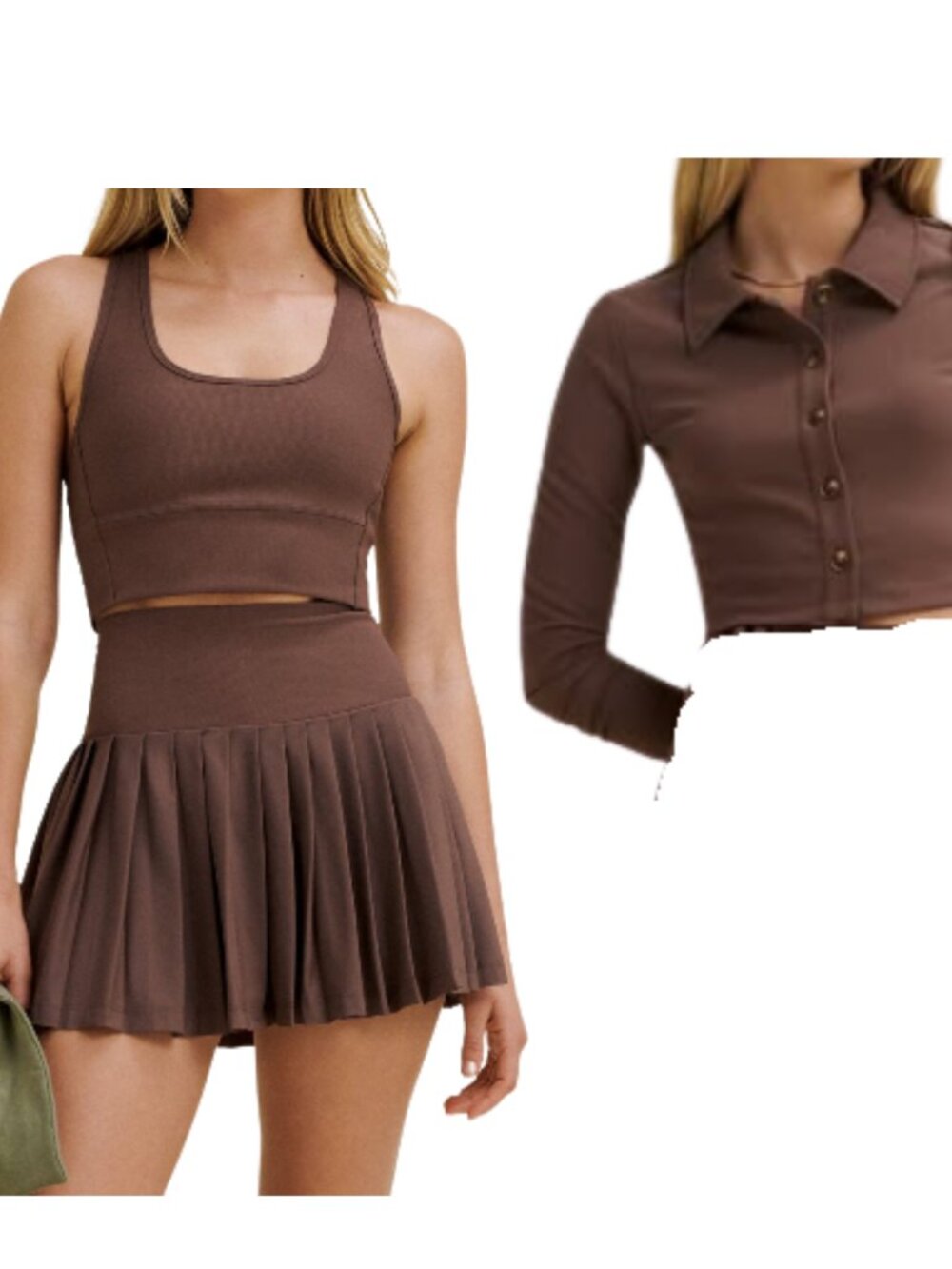 Recess pickleball tennis skirt bra and cardigan set large brown